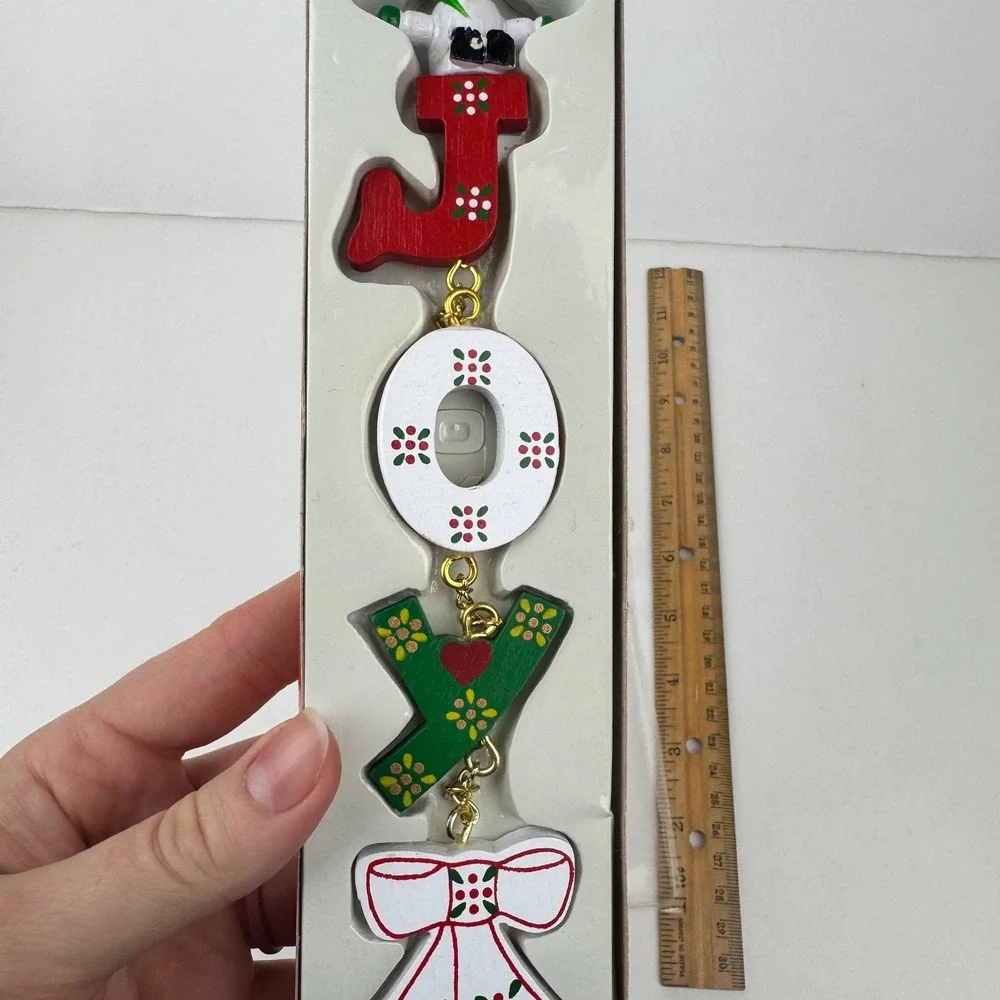 Vtg Christmas Expressions Joy Wood Hanging Ornament‎ w Gold Accents Bell Snowman